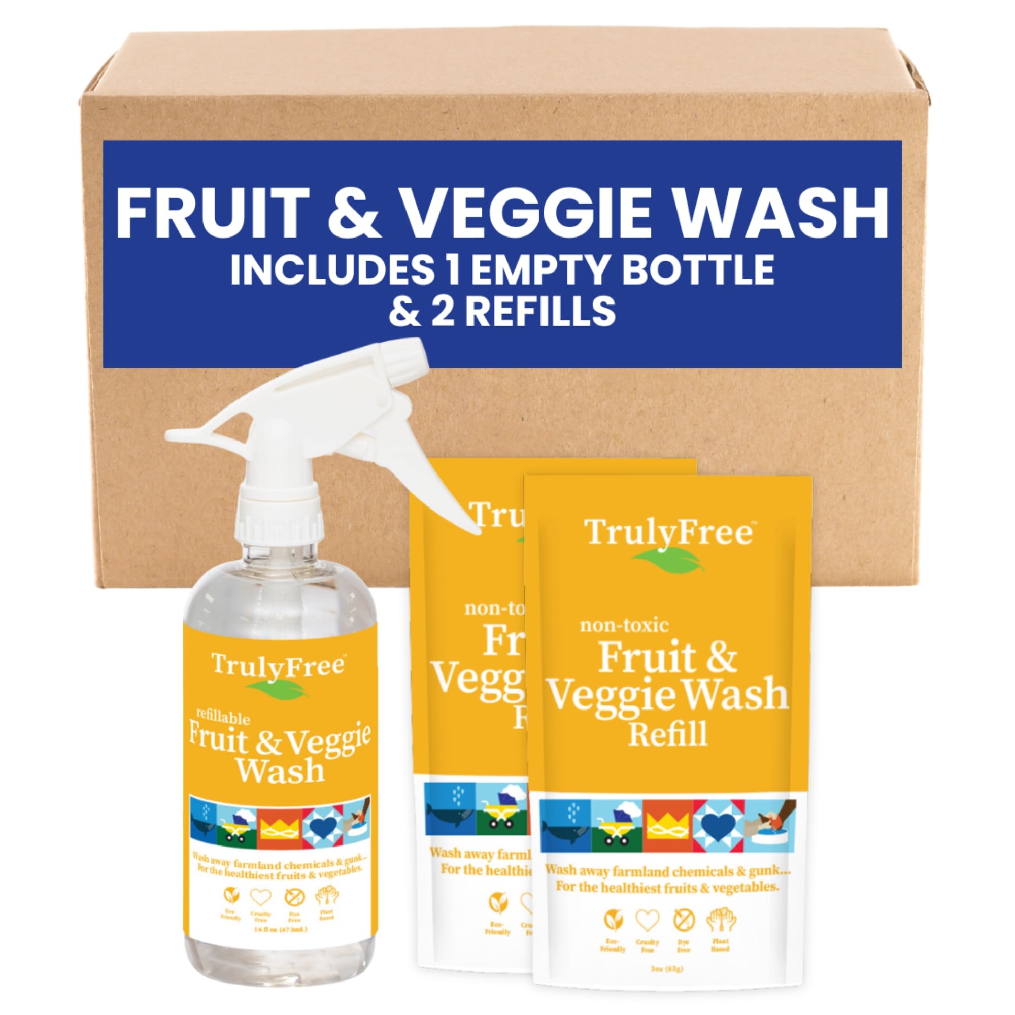 Photo 1 of Truly Free Natural Fruit and Veggie Wash Kit - Produce Cleaner Spray (16oz Reusable Empty Bottle + Two Pouches, 3oz ea.) - DIY Vegetable Washer & Fruit Cleanser