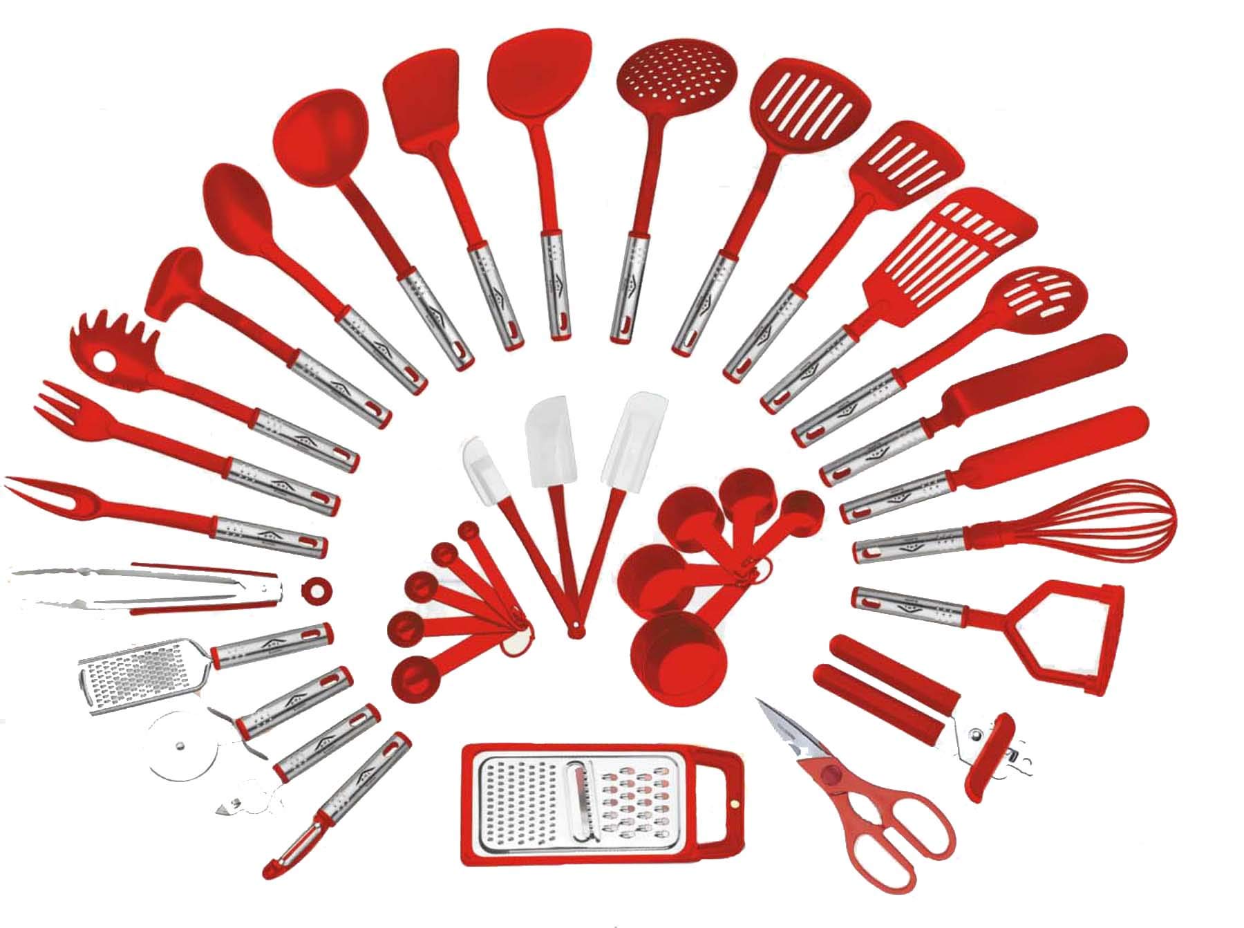 Preferred Housewares International Kitchen Utensils Set Home Cooking Tools Gadgets Turners Tongs Spatulas Pizza Cutter Whisk Bottle Opener, Graters Peeler, Can Opener 38-piece (Red)