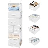 GRANNY SAYS Hanging Closet Organizer and Storage, 6 Shelf Clothes Organization with Drawers, 6 Side Pockets Closet Hanging Shelves for Bras, Socks, Underwear, Nursery Room, Wardrobe, White, 1-Pack