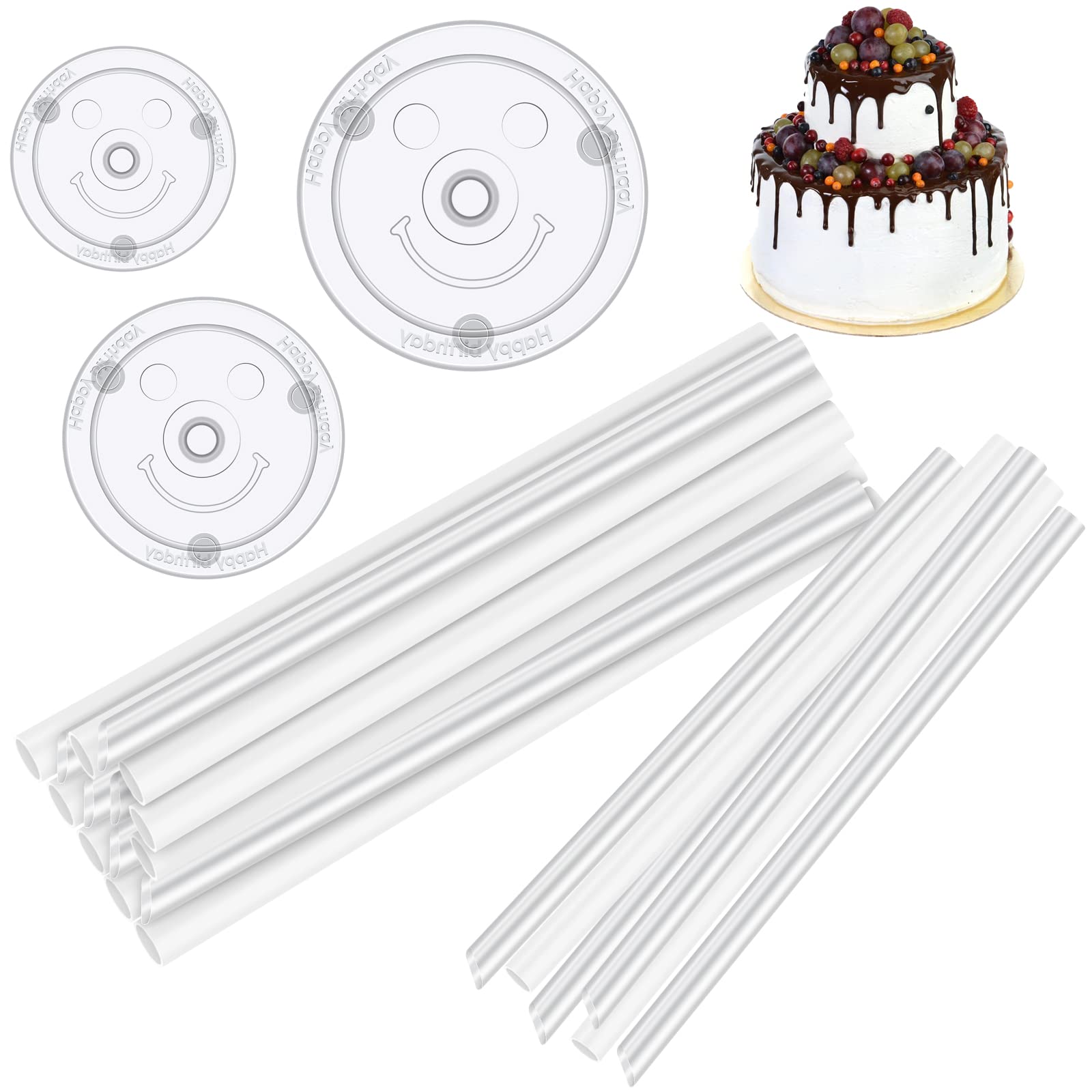 Cake Dowel Rods Set, 20PCS Plastic Cake Support Rods, White Cake Stand Sticks with 3PCS Reusable 9/12/16cm Cake Boards for Stacking Cake and Tiered Cake Construction