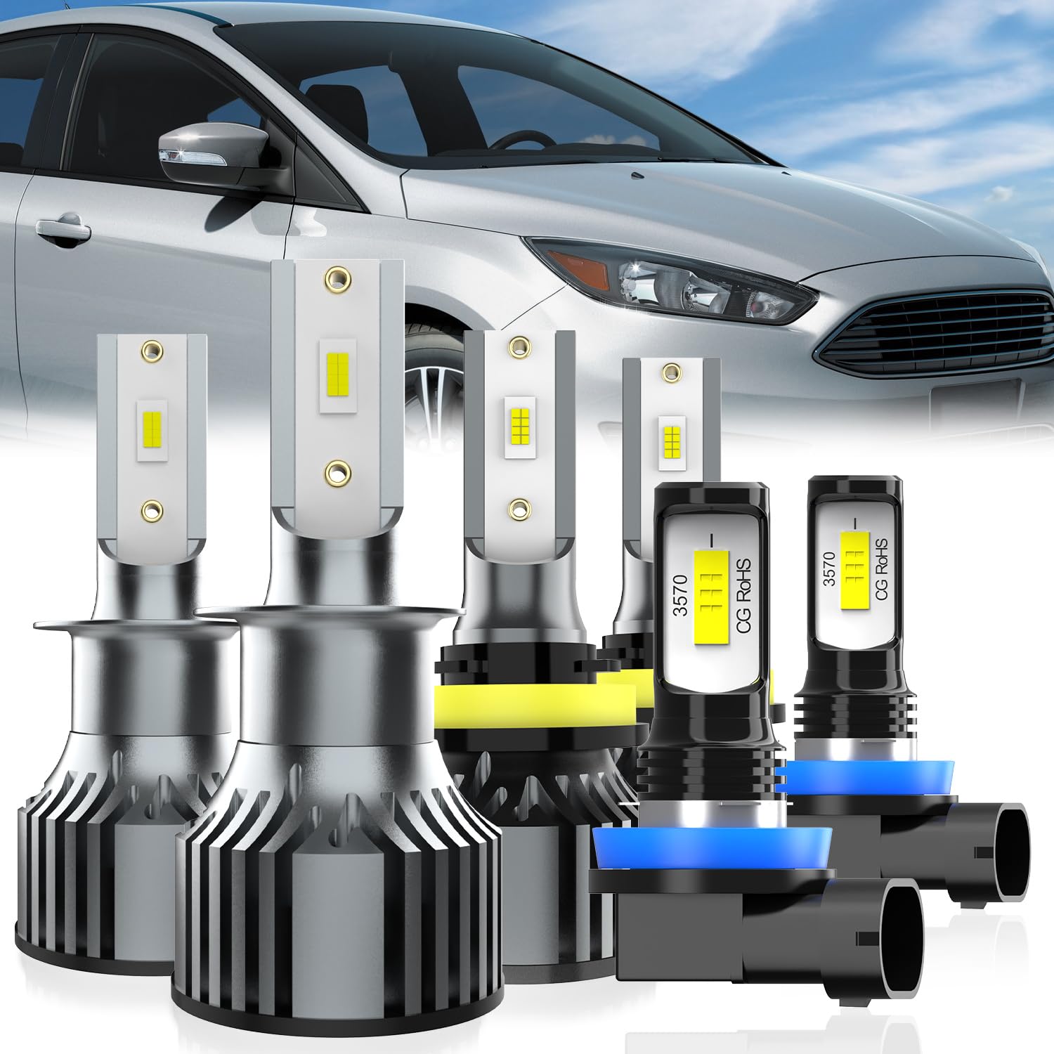 Photo 1 of QIPEIZSP Fit For Ford Focus 2012-2018 Light Bulbs, H1 High Beam + H11 Low Beam + H11 Fog Light Bulb, 6-Pack