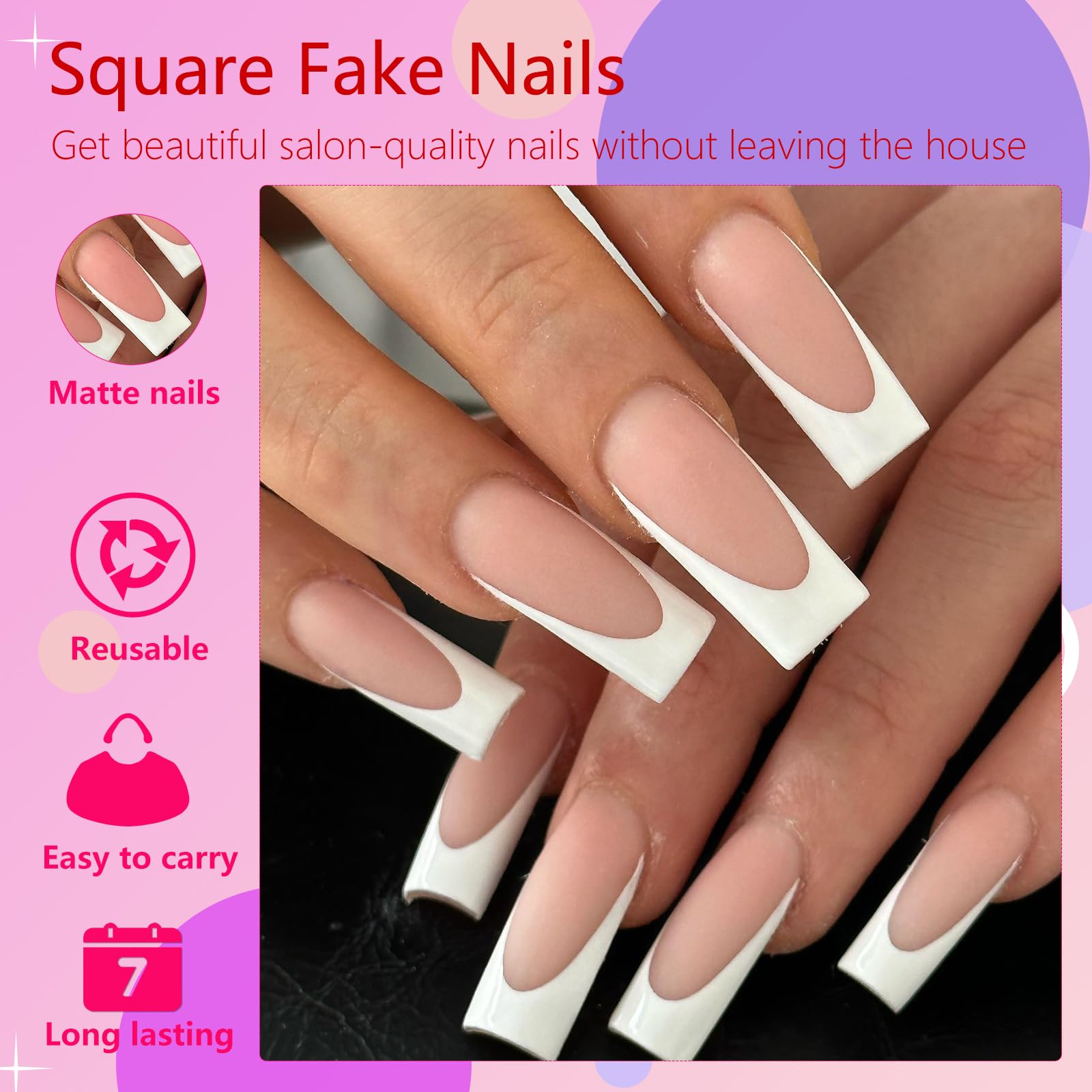 AddFavor 120pcs White French Tip Press on Nails Long Square Fake Nails Nude False Nails Sqaure French Press ons Square Nail Acrylic Artificial Nail with Adhesive Tab for Women - Image 3