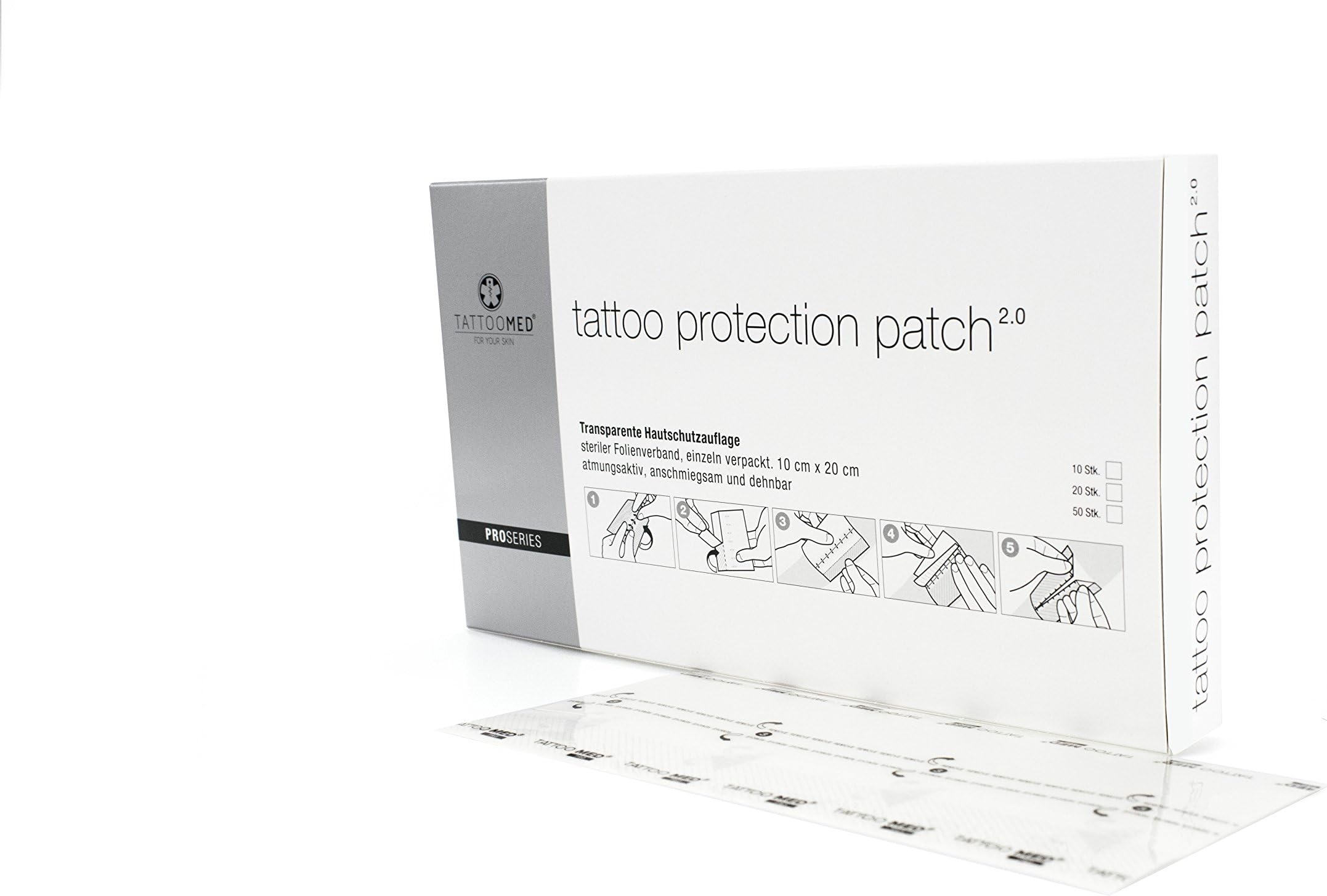 Tattoomed Tattoo Protection Patch 2.0 - Transparent Aftercare Bandage for Healing Fresh Tattoos - 20 X (10 X 20cm)