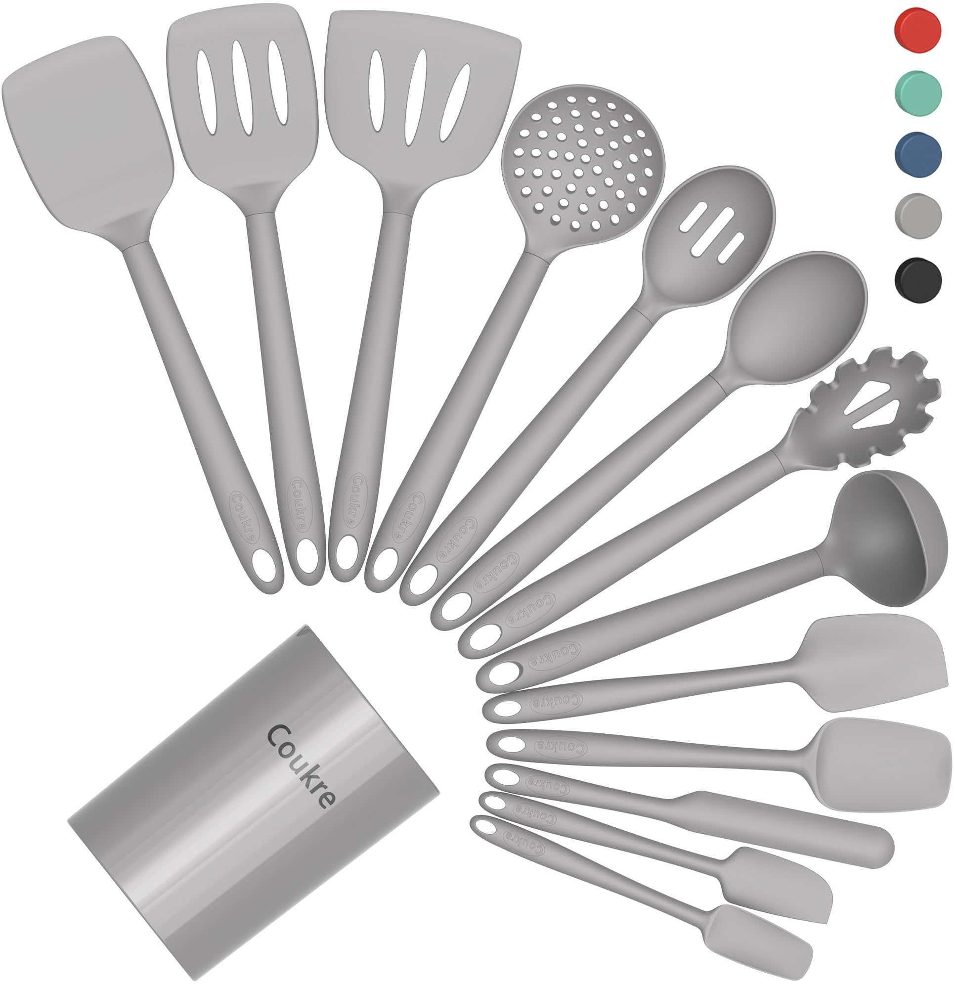 Photo 1 of Coukre Silicone Kitchen Cooking Utensils Set with Holder – Heat-Resistant, Food-Grade Kitchen Tools, Spatula, Spoon & Gadgets for Non-Stick Pans, Dishwasher Safe (14, PureGray)
