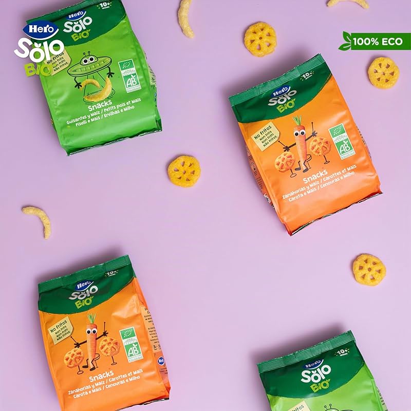 Hero baby - lanche de ervilha e milho, 100% eco, bio, com ingredientes da agricultura biológica e da ue, não frito, adequado para bebés a partir dos 10 meses - embalagem de 6 x 40 g
