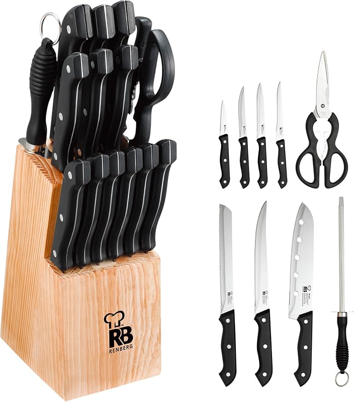 Renberg Tenessy - Brasil | Facas de Cozinha | Conjunto Completo de 15 Peças com Tacoma de Madeira | Perfeito para cortar todos os tipos de ingredientes | Cozinha Profissional | Feito de aço inoxidável
