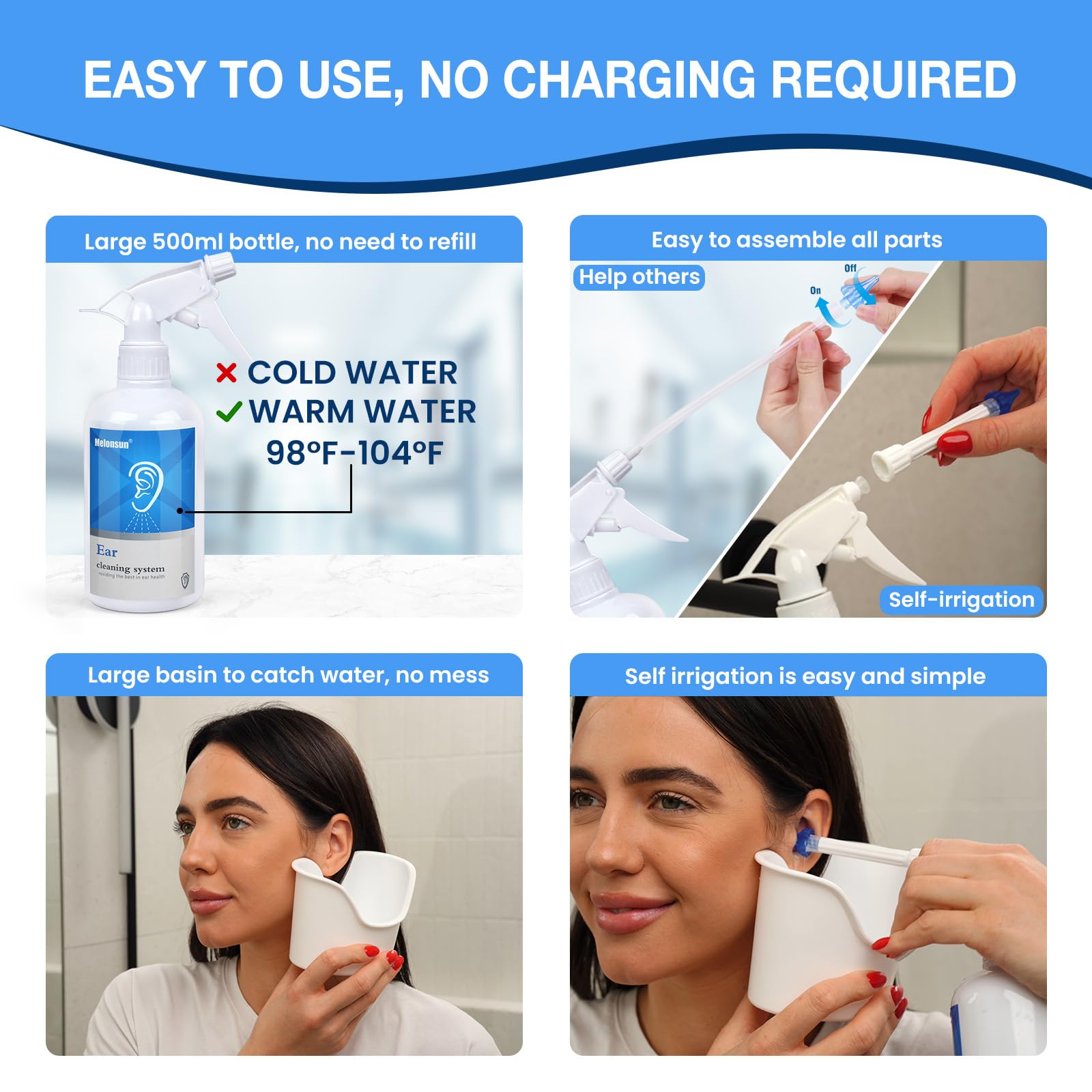 Ear Wax Removal - Ear Wash System w/ 500ml Spray Bottle, Big Basin & 20 Comfortable Reusable Tips - Safe & Effective Earwax Remover w/Rigid Pipe & Flex Tube for Self & Family - Easy to Use