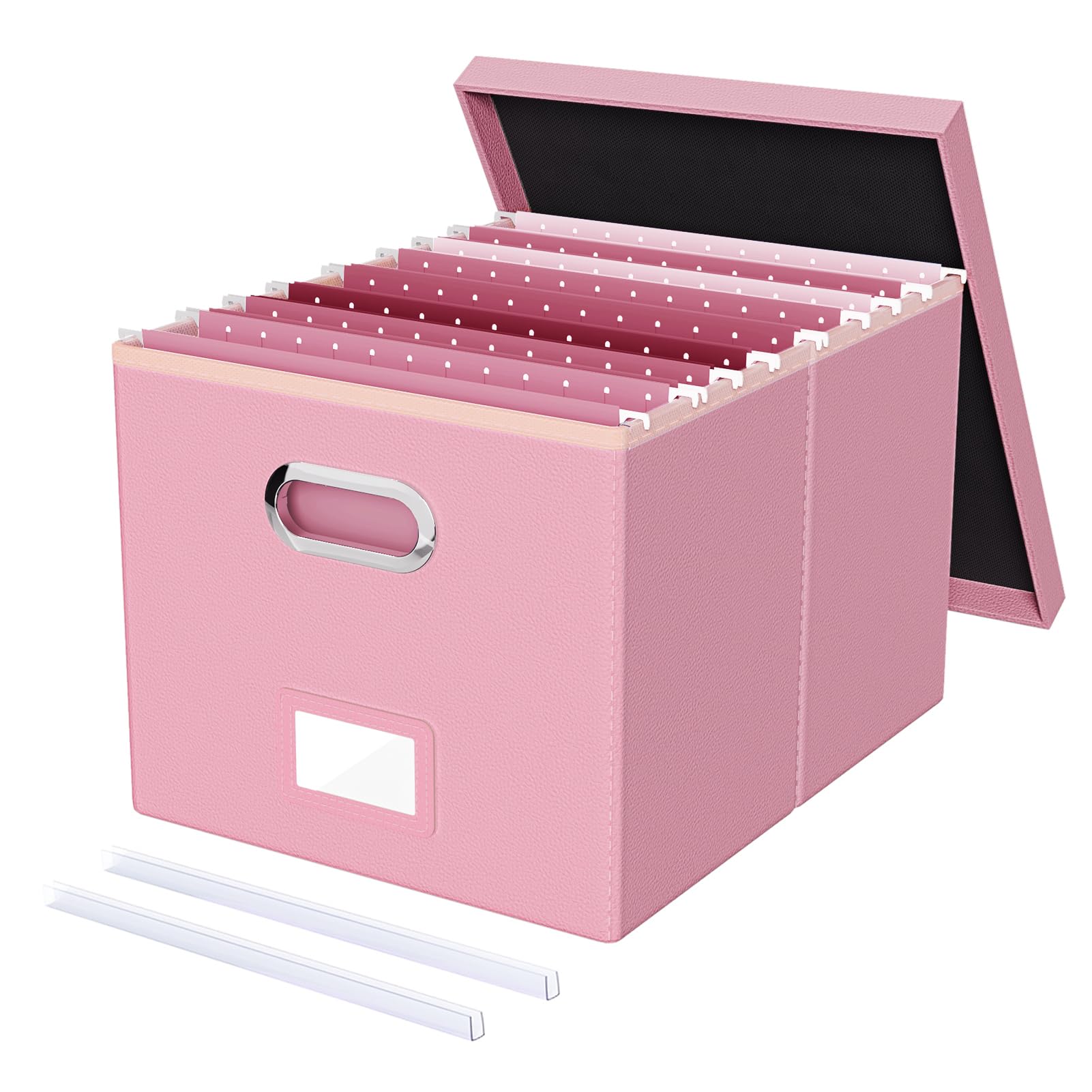Photo 1 of Oterri File Organizer Box,Filing Box with Lid,File Box for Letter/Legal File Folder Storage, Portable Hanging File Box for Office/Decor/Home,1 Pack, Pink(Leather),Box only