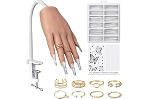 WILFNIEE Practice Hand for Acrylic Nails: Silicone Nail Hand Practice with Gold Rings - Flexible Fake Hand Mannequin Nail Hand Kit for Beginners