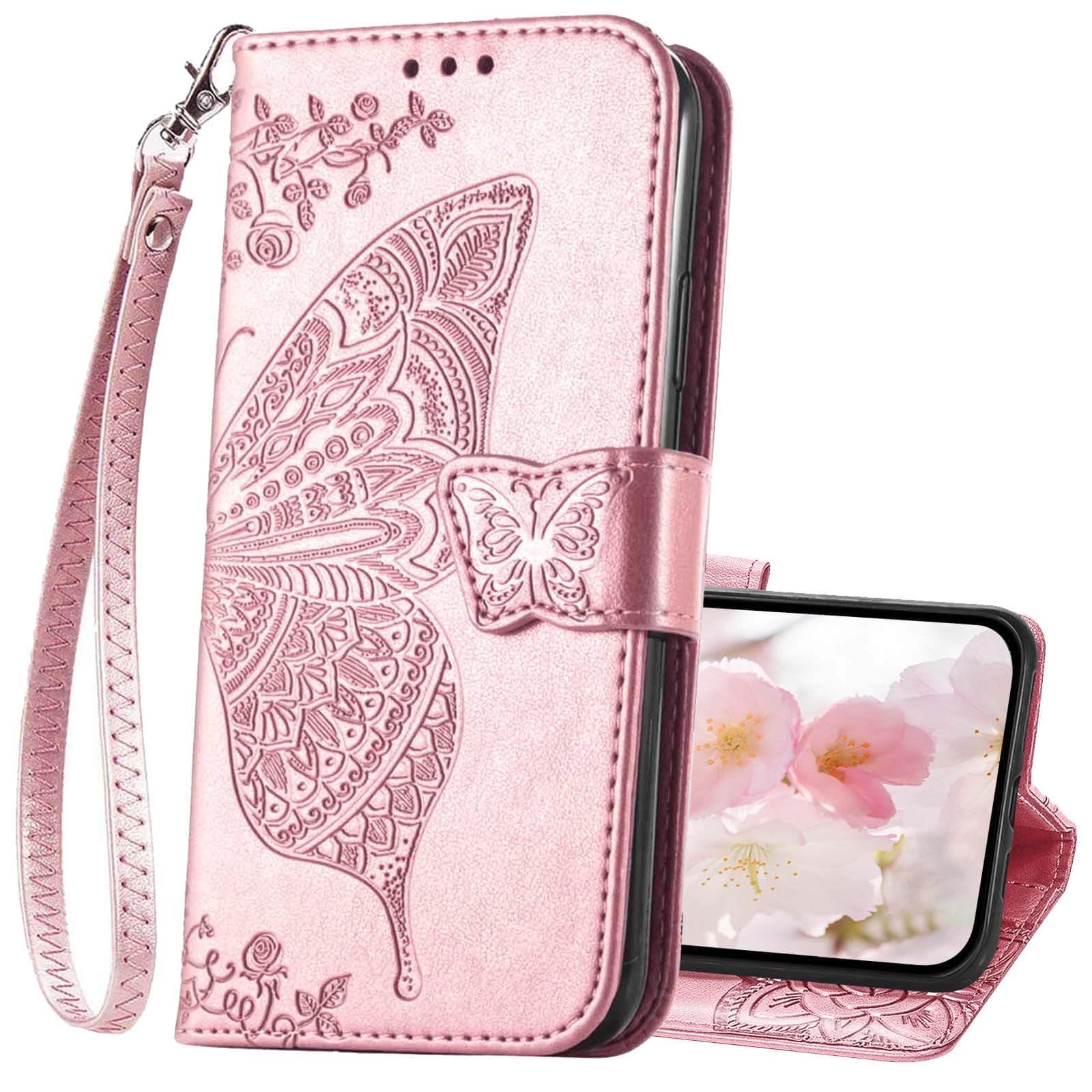 KRHGEIK for iPhone 16 Wallet Case for Women,Butterfly Embossed Flip Folio PU Leather Stand Card Holder Slots Phone Protective Cover for iPhone 16 6.1" (Rose Gold)