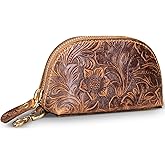 Gexmil Genuine Leather Coin Purse with Zipper, Full Grain Leather, Mini Coin Pouch for Women Men, Change Wallet,Floral Brown