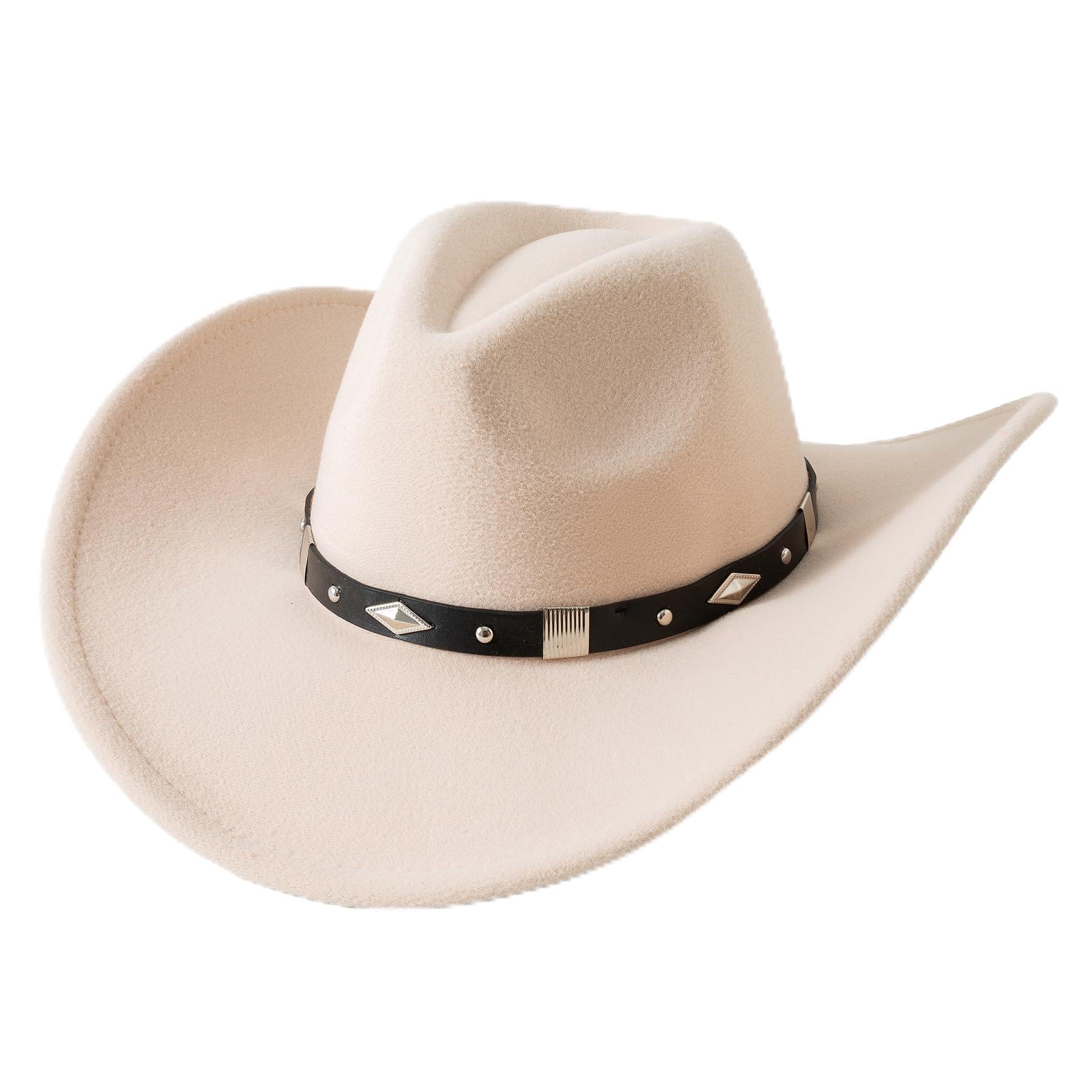 Photo 1 of Lanzom Women Men Classic Felt Wide Brim Western Cowboy Cowgirl Hat with Belt Buckle(Medium-Large,Beige)