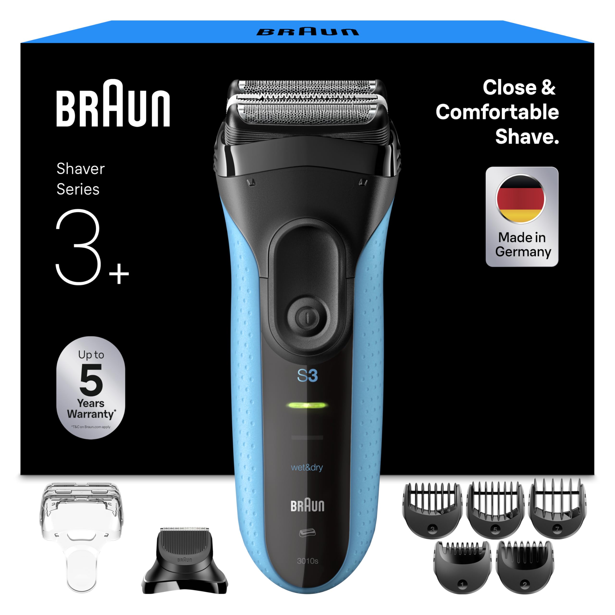 Braun Series 3+ Rasierer Herren Elektrisch, Elektrorasierer mit 3 Flexiblen Klingen, Rasierapparat Made in Germany, Barttrimmer-Aufsatz, +5 Kammaufsätze, Nass- & Trockenrasierer, 3010BT, Blau