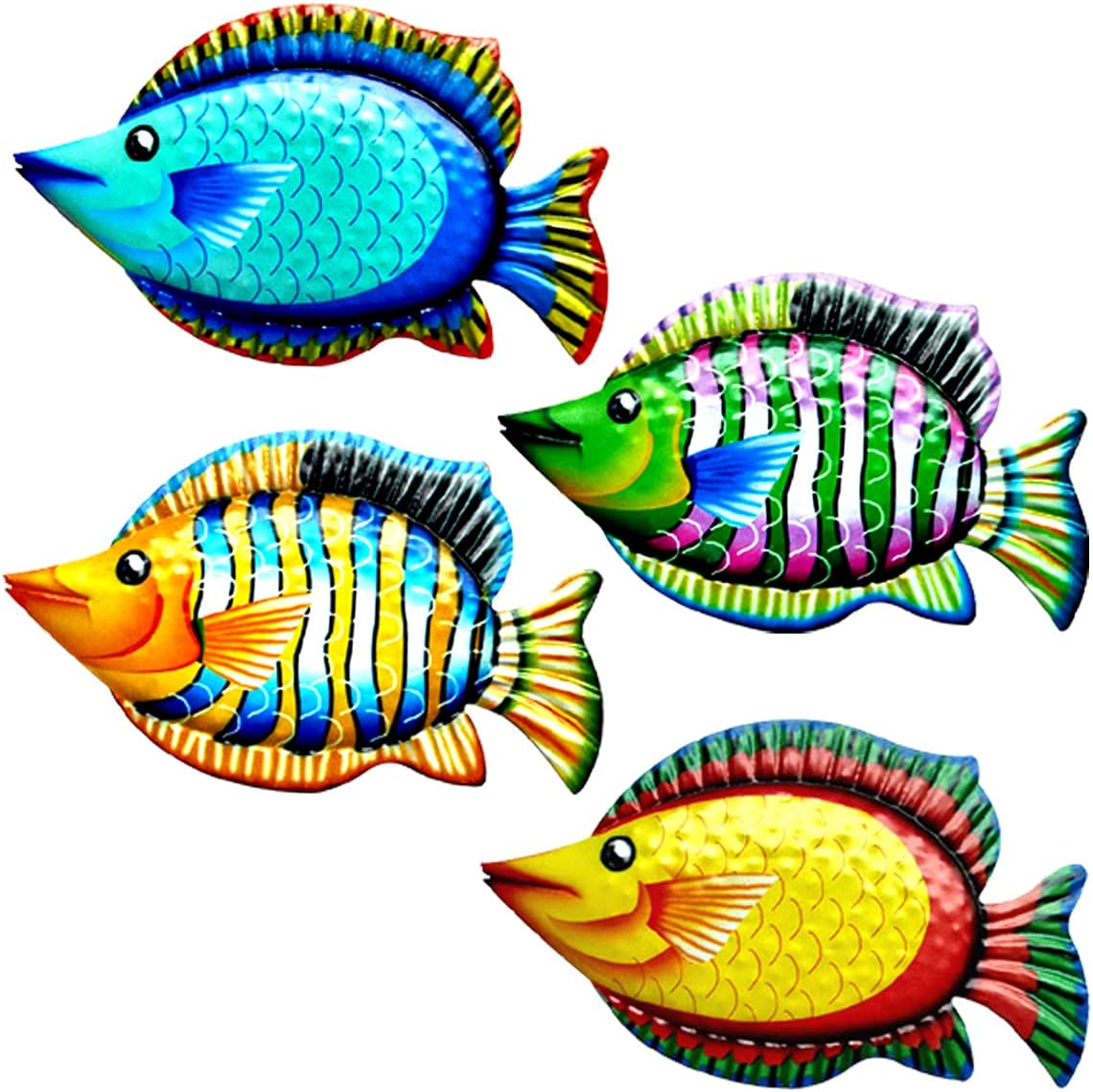 Plaques & Wall Art - HHgrowe 11.8 Inches Hand-Painted Metal Fish Art Wall Decor Coastal Ocean Sea Hanging Decorations Garden Pool Decor Set of 4 Colorful Outdoor or Indoor Wall Sculptures …