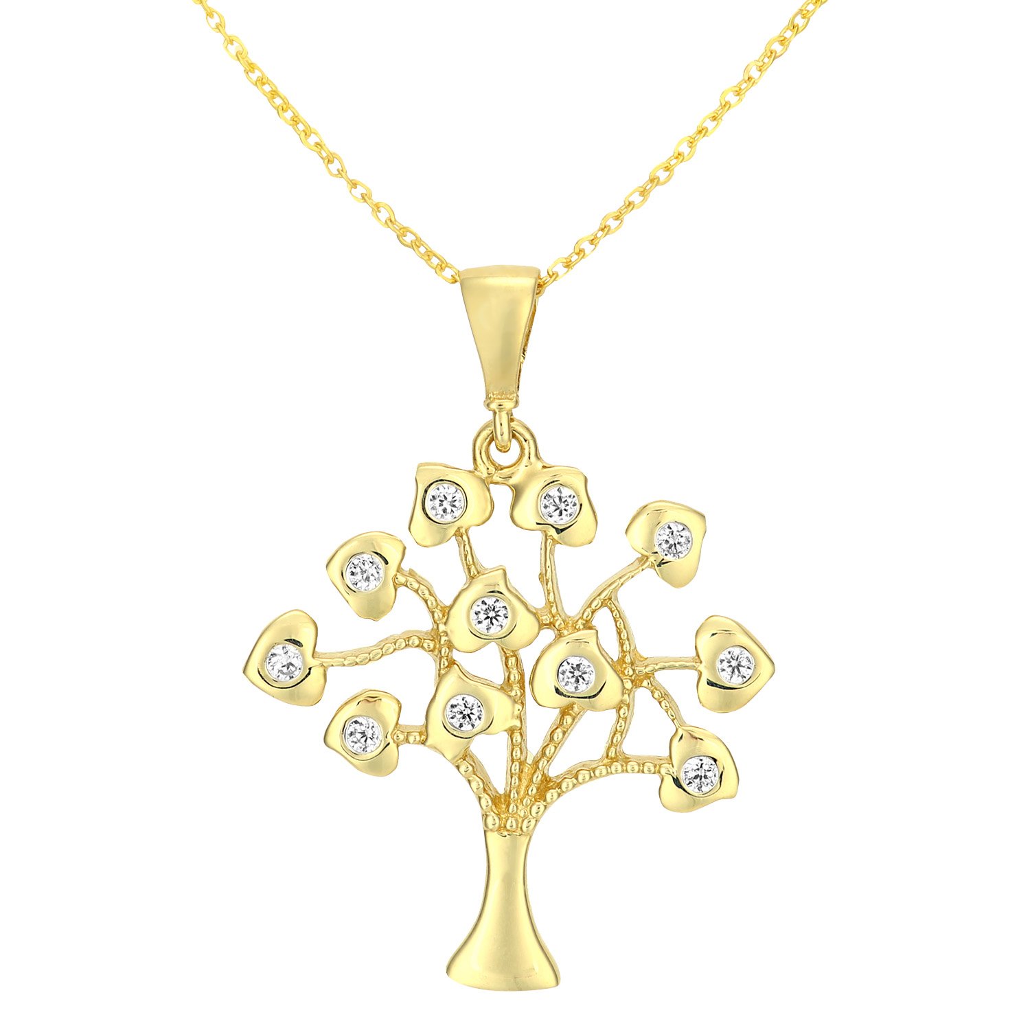 Elegano 9ct Yellow Gold 46 cm Women’s Necklace – Tree Cubic Zirconia Set Leaves Pendant