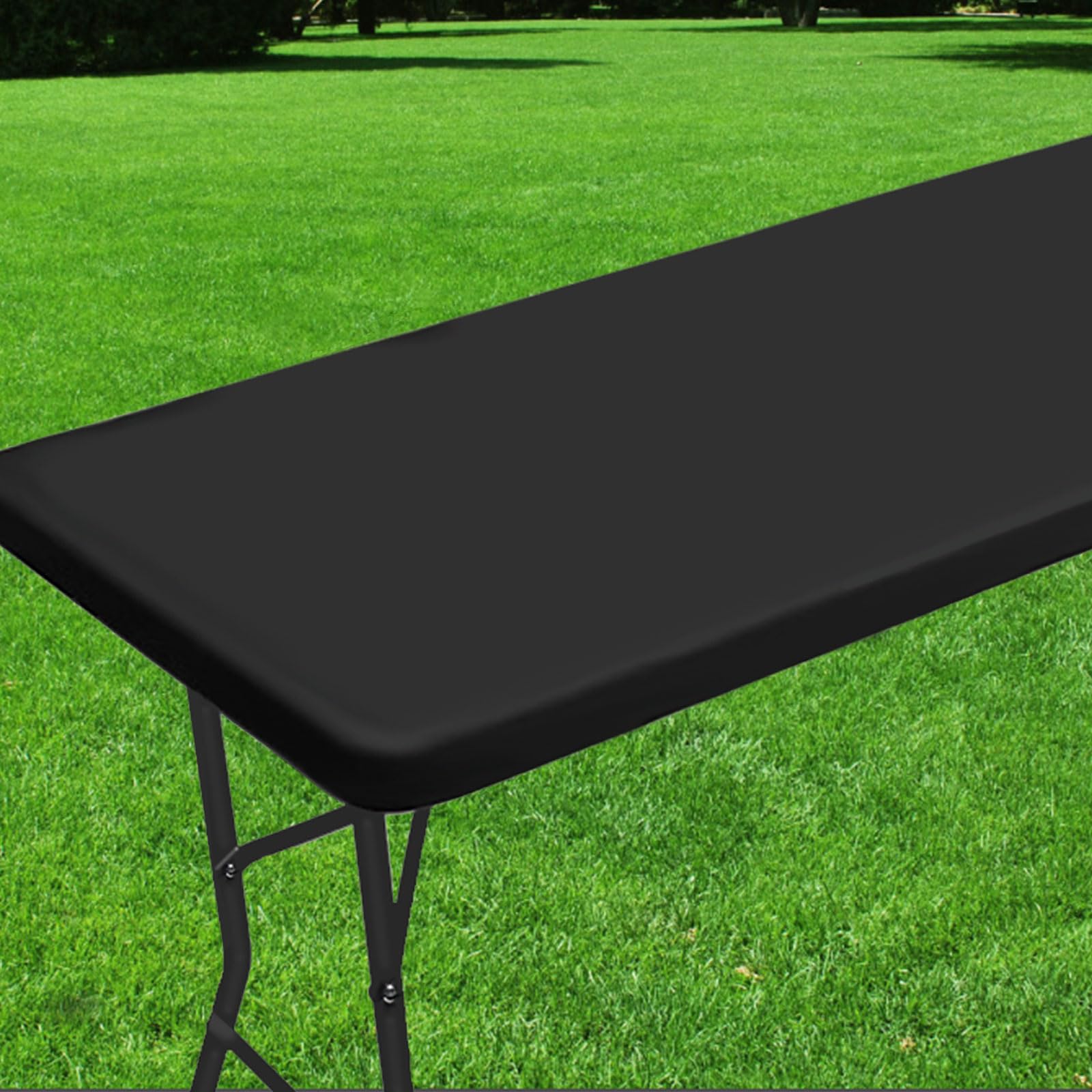 Roucerlin Rectangle Picnic Table Cover, Polyester Elastic Fitted Tablecloth for 6 Feet Folding Tables, Waterproof Outdoor Table Cloth for Camping Party Patio Card Essentials (Black, 30" x 72")