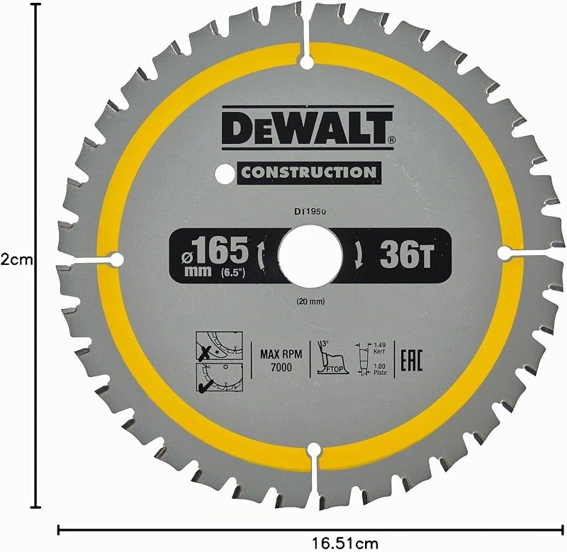 Bau-Kreissägeblatt Construction für Akku-Handkreissäge DT1950 (165/20mm 36WZ, 20° Zahnwinkel, 1,5mm Schnittbreite, für feine Schnitte & Aluminium, mit Nail Tough zum Sägen von Holz mit Nägeln)