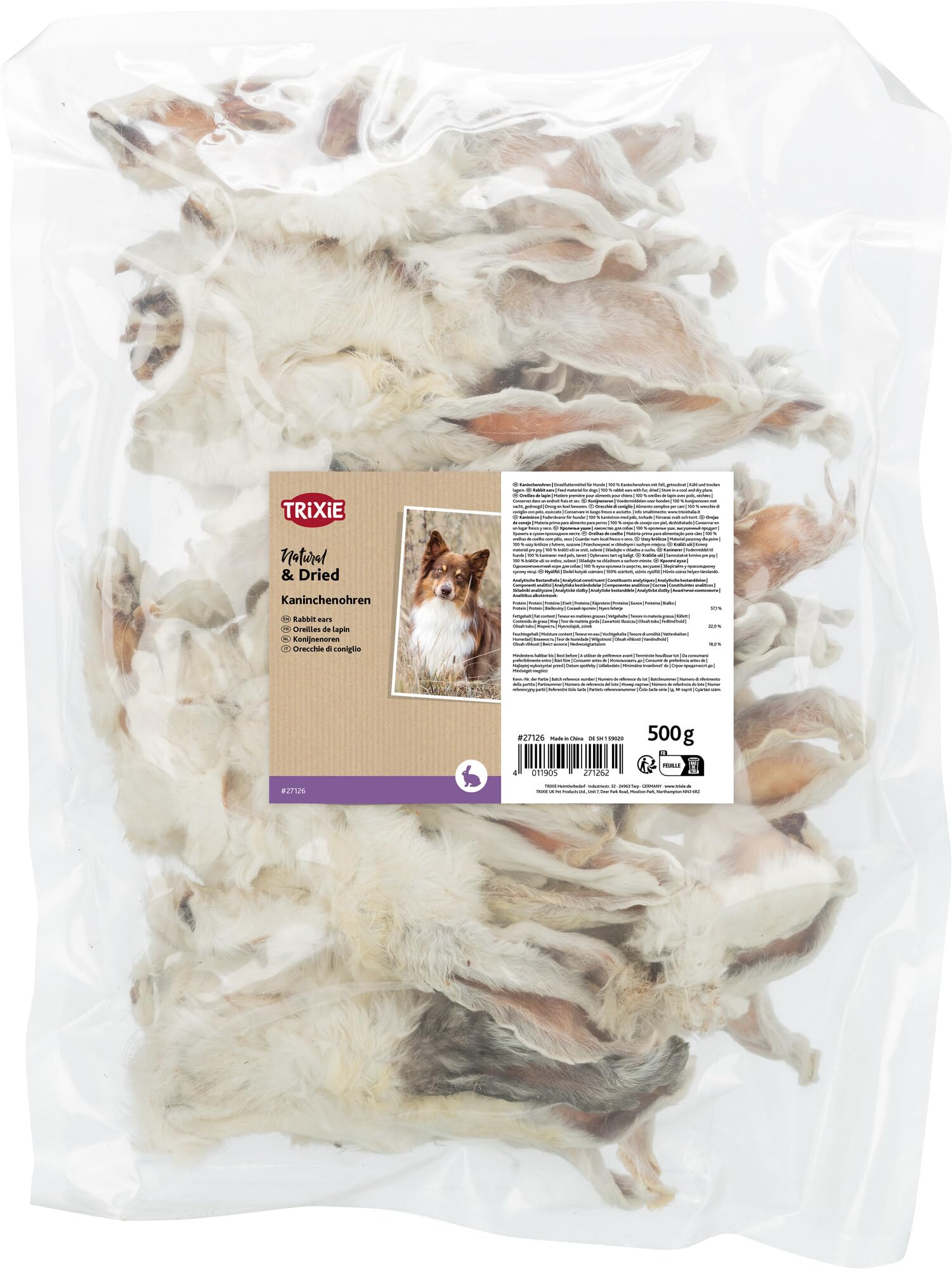 TRIXIE rabbit ears with fur, dried - dog snack - perfect for chewing - 500 g - 27126