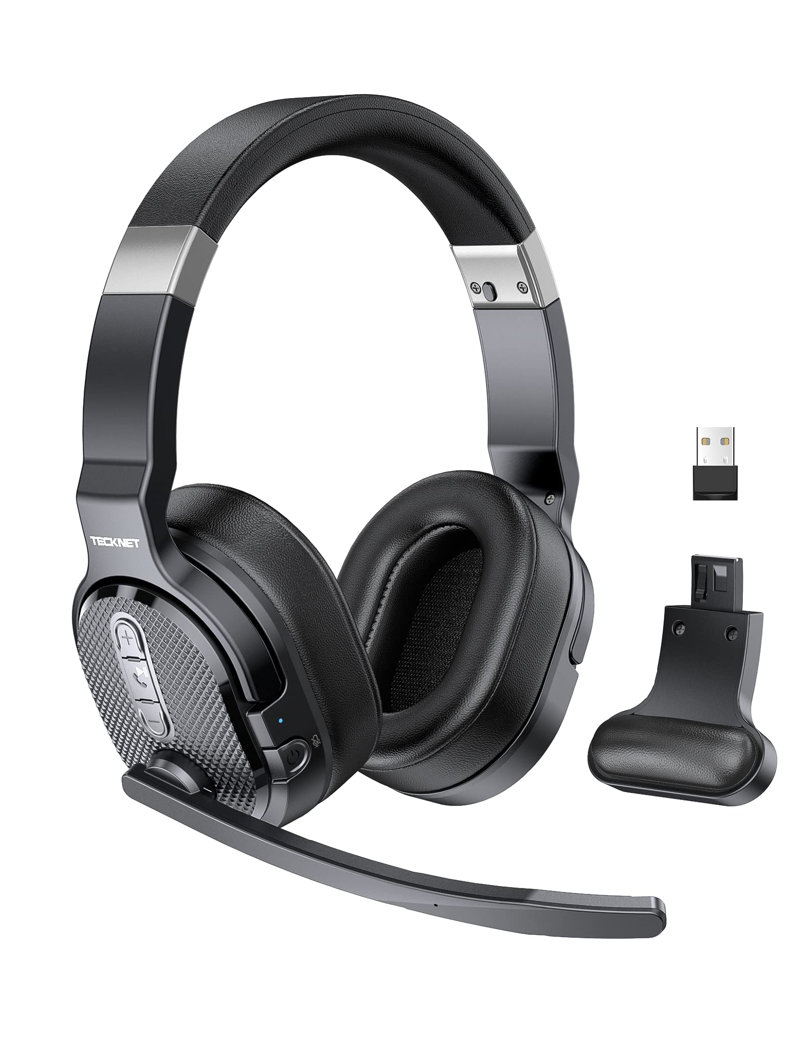 TECKNET Bluetooth Headset with Microphone,2-in-1 Wireless Headset with Microphone,Noise Cancelling Headsets with 3 EQ Modes,Detachable Computer Headsets for office/call center/Skype (bright black)