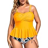 Daci Women Two Piece Plus Size Swimsuit with Bottom Peplum Tankini High Waisted Tummy Control Bathing Suit