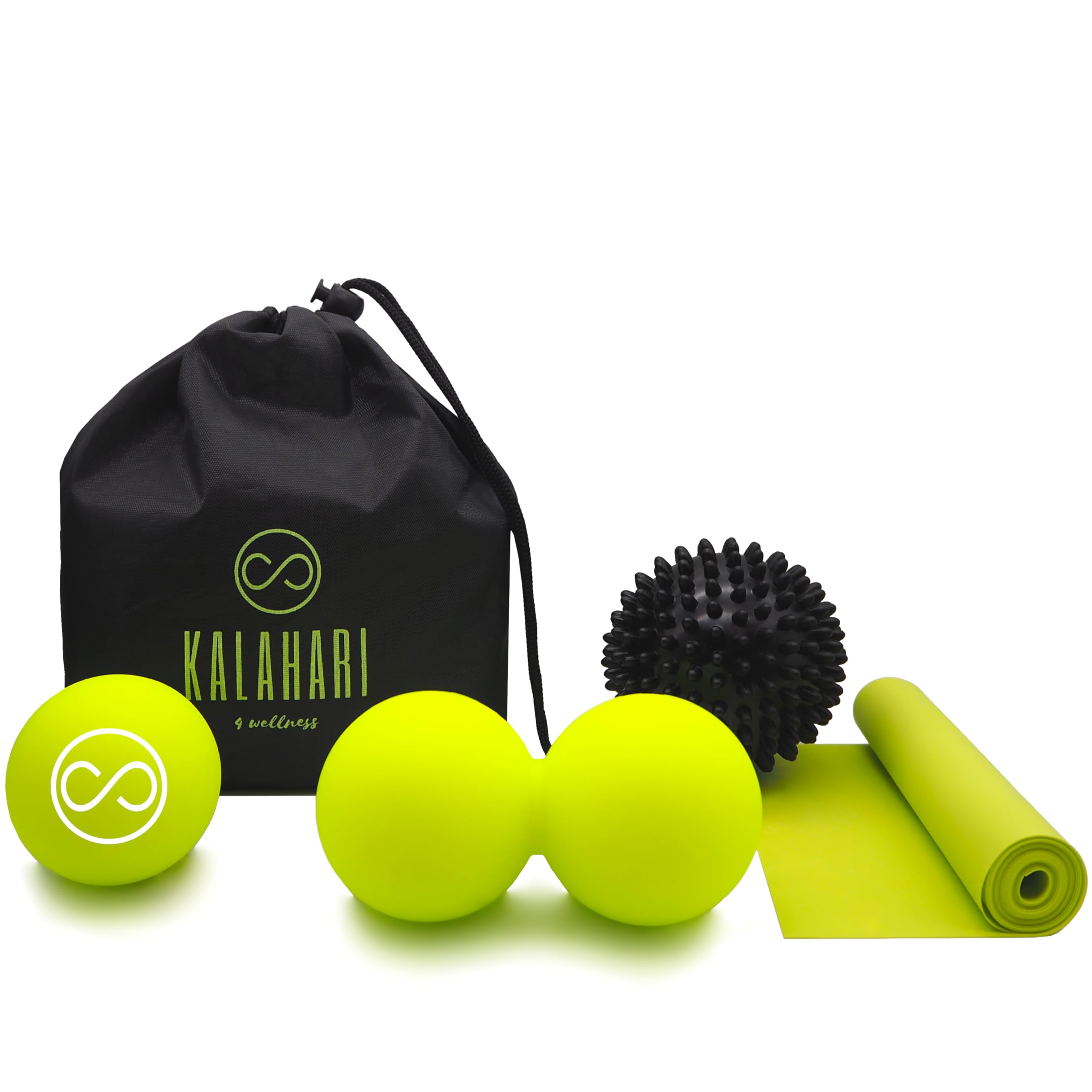 Kalahari Massage Balls Set, 4 in 1, with Exercise eBook - Peanut, Lacrosse, Spiky Ball, Resistance Band and Carry Bag, for Self-Massage Trigger Point and Myofascial Release - Deep Tissue Recovery
