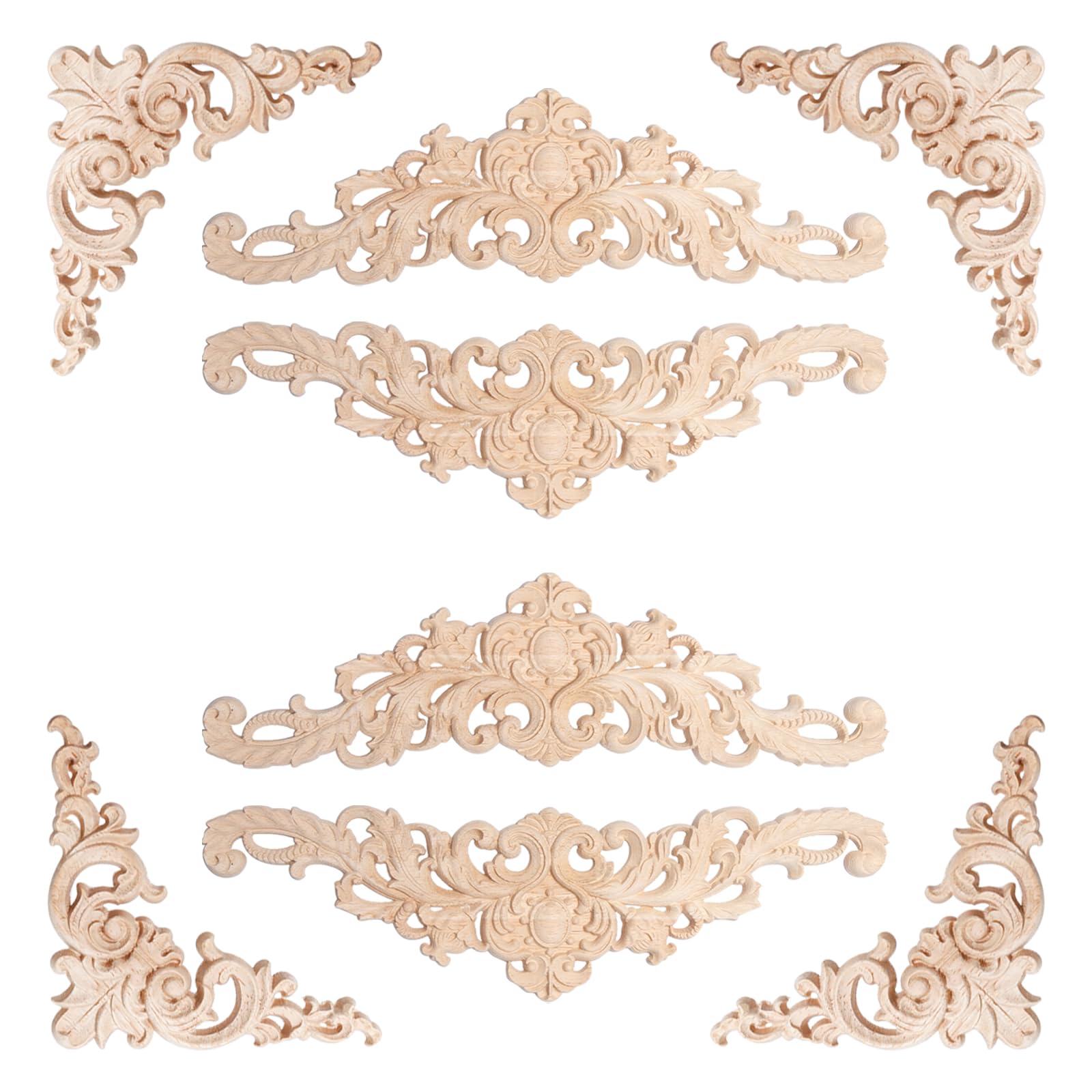 Keboyoe 8 Pcs Wood Carved Mouldings Decorative Appliques and Onlays Wood Carved Corner Onlay, Ornate Corner Mouldings for Furniture Cabinet Door - 12 * 12 cm, 30 * 8 cm