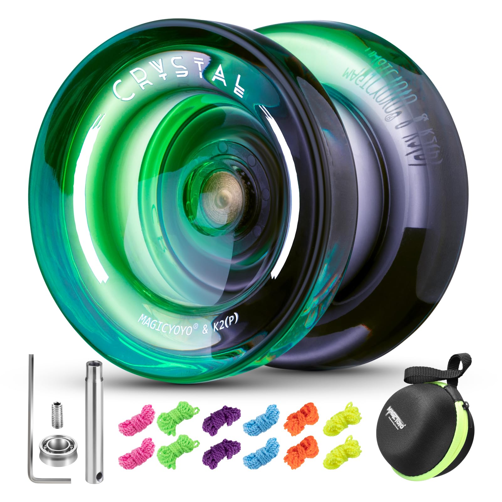 MAGICYOYO Crystal Yoyo K2 for Kids, Responsive and Unresponsive Yoyo Ball, Magic Trick Yo Yo for Beginners and Adults, Dual Purpose Yo-yo with 12 Strings, Case, Accessory Kit (Black Green)