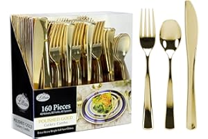 LILLIAN TABLESETTINGS Gold Plastic Silverware Set, 160 Count, Extra Heavy Duty Flatware, Disposable Cutlery Utensils, 80 Forks, 40 Spoons, 40 Knives, Polished Gold, Bulk Pack