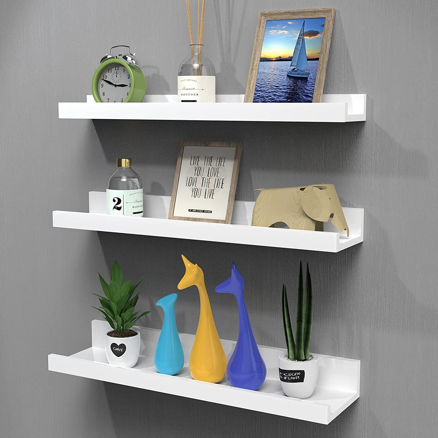 Nunemosk Set of 3 Floating Shelves Wood Wall Mounted Shelf Picture Ledge Display Racks Spice Racks Decorative Wall Shelves for Bedroom Living Room Kitchen Home Office (White Shelves)