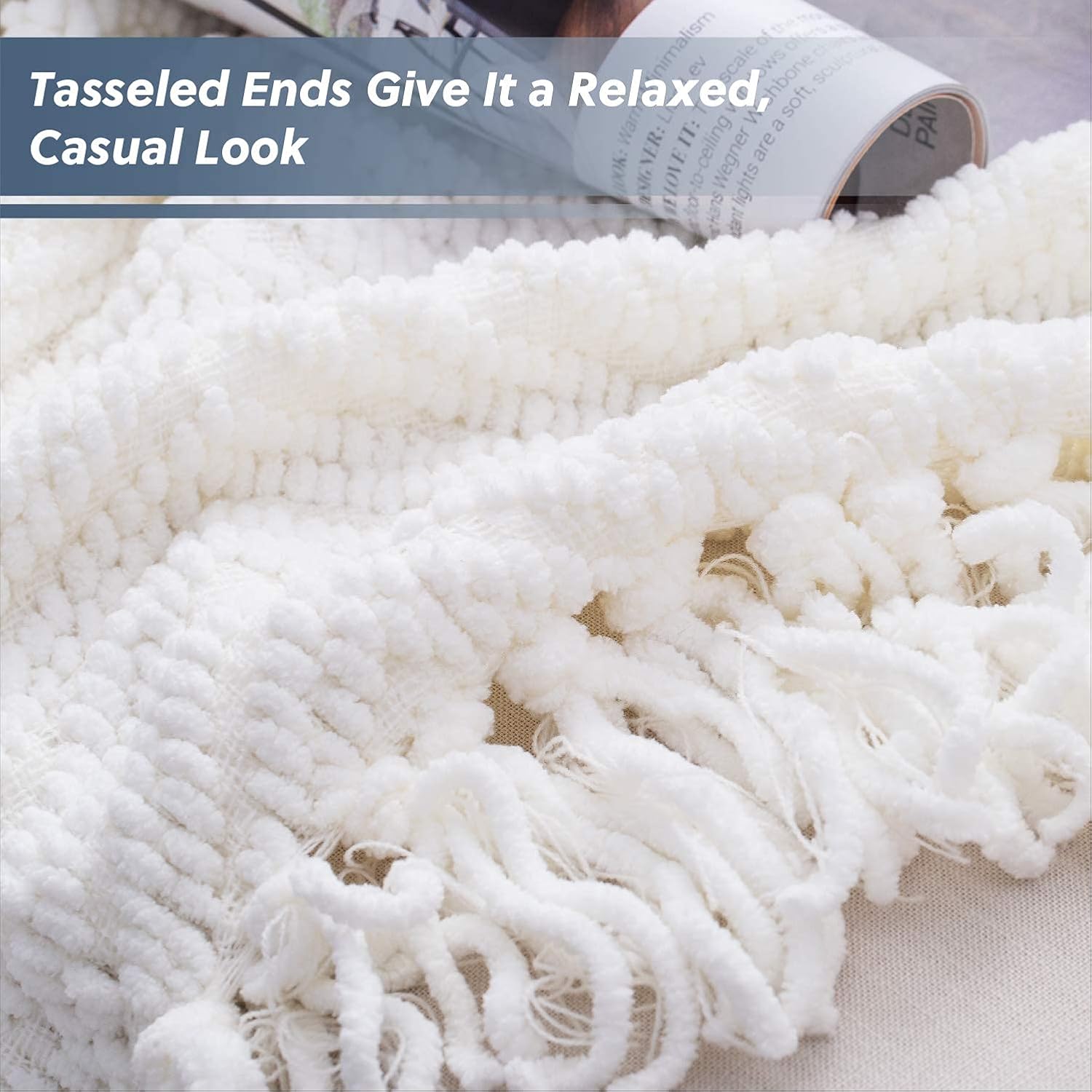 Bedsure Cream White Throw Blanket for Couch, Knit Woven Chenille Blanket Versatile for Chair, 50 x 60 Inch - Super Soft Warm Decorative Ivory Blanket with Tassels for Bed, Sofa and Living Room: Kitchen & Dining