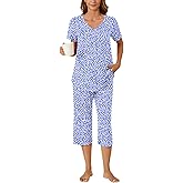 Bestbee Women's Pajama Sets 2 Piece Lounge Outfits Summer Sleepwear V Neck Short Sleeve Capri Pant With Pockets Ladies Pjs