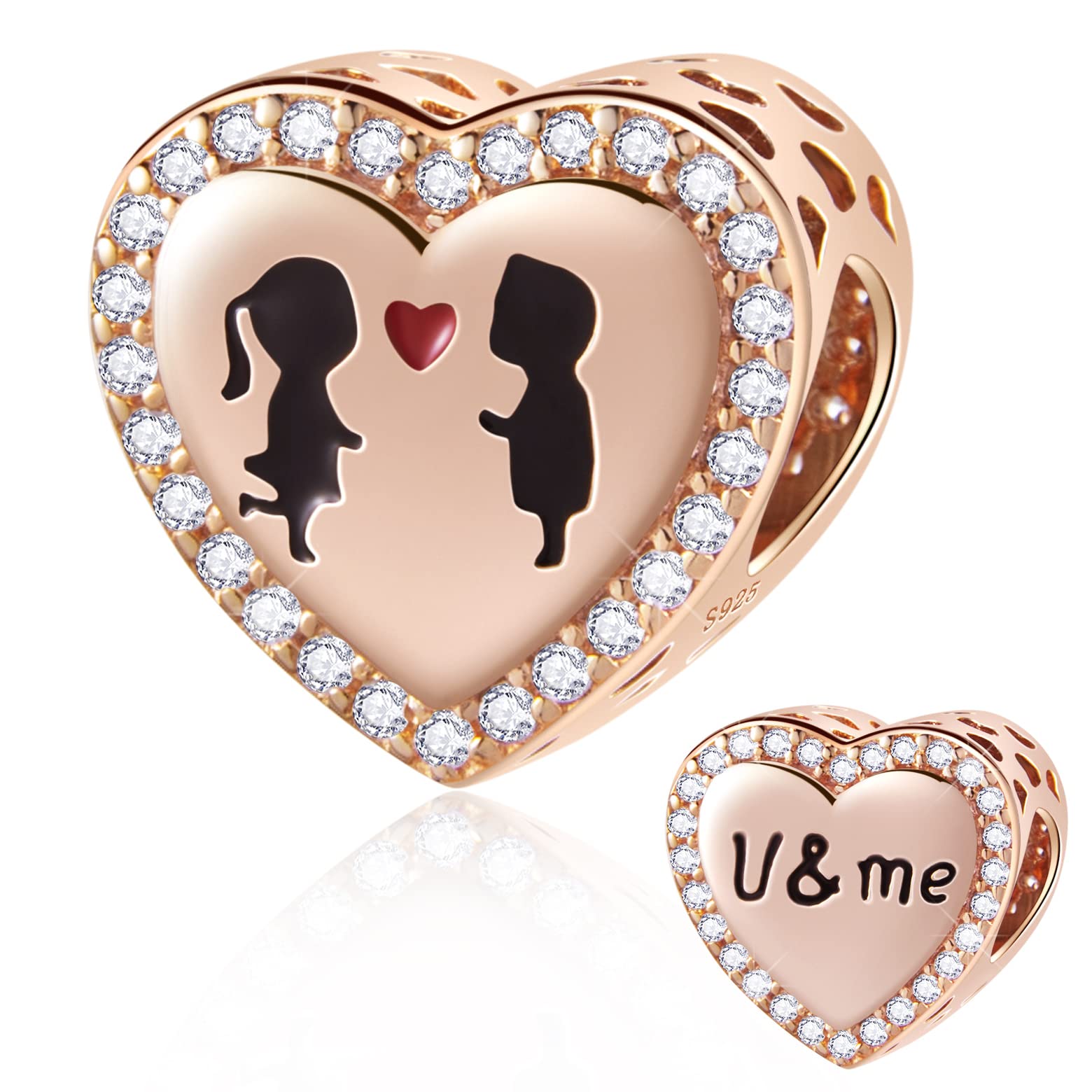 Rose Gold Boy and Girl in Love Heart Charms, fits Pandora Valentines Day Bracelet, 925 Sterling Silver U and Me with CZ Lover Beads, Gifts for Boyfriend/Girlfriend or Wife/Husband