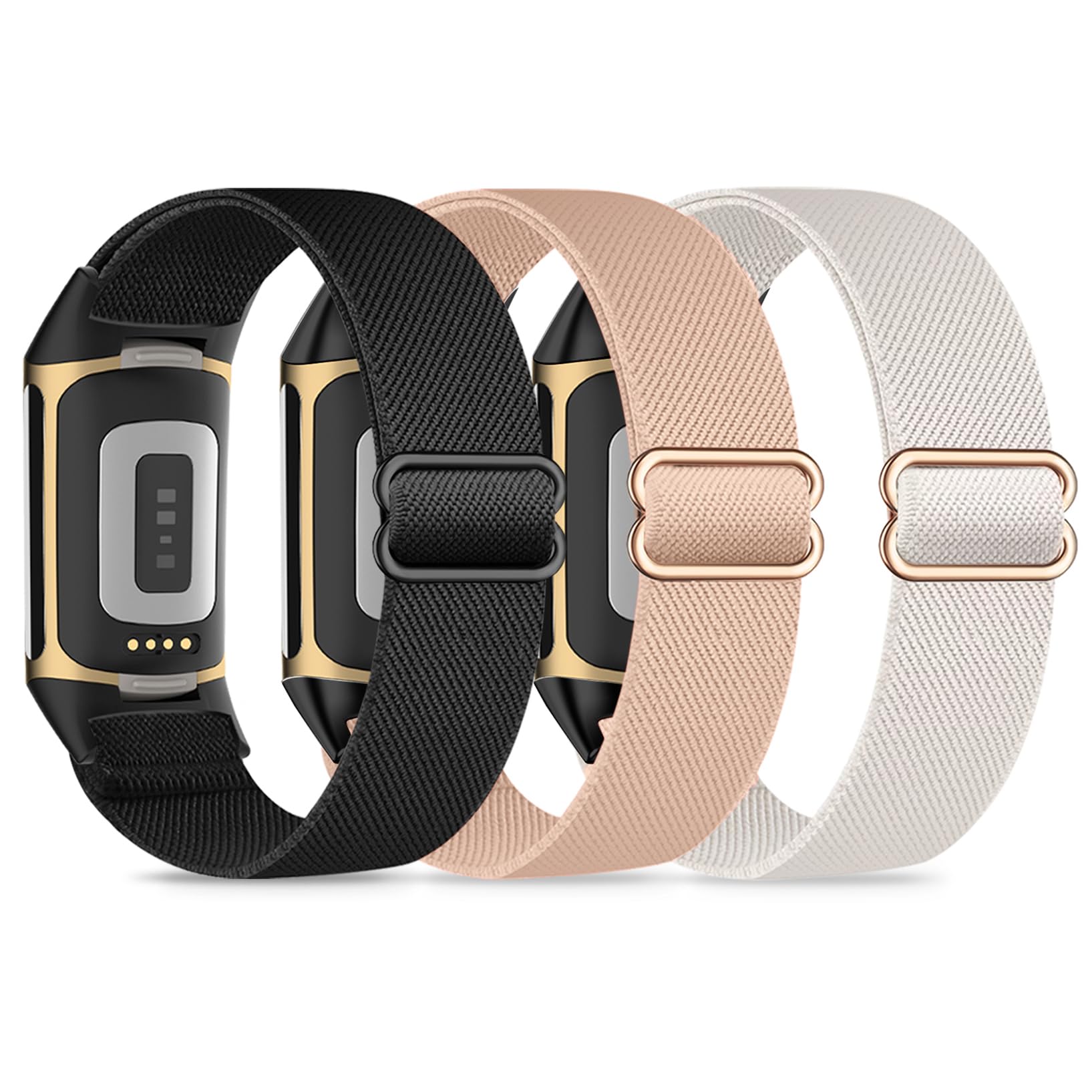 Wizvv Pack of 3 Elastic Wristbands Compatible with Fitbit Charge 5/6, Breathable, Adjustable, Stretchy Nylon Replacement Strap for Men and Women