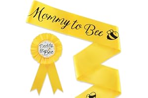 GREVOSEA Baby Shower Decorations, 2 Packs Yellow Mom to Bee Sash and Dad to Bee Badge Bee Gender Reveal Decorations Baby Shower Party Favors Decorations for Boys and Girls Pregnancy Props Keepsake Gifts