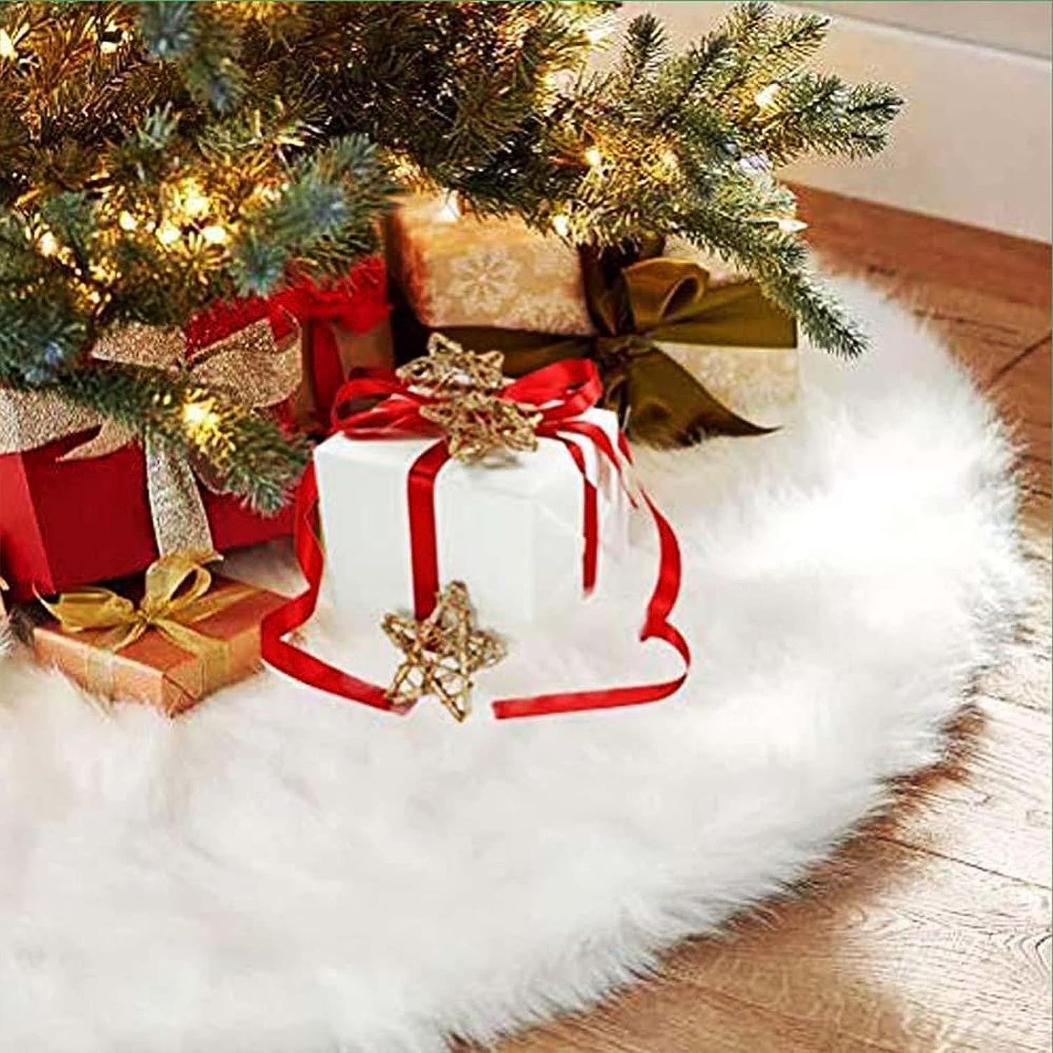 Quanen Electronic Christmas Tree Skirts, Faux Fur Large Plush White Round base Mat Xmas Decorations for Your Christmas Tree - Fits Any Size Tree (White-48inch） (white, 48inch)