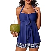 Summer Mae Halter Womens Tankini Swimsuits 2026 Flowy Top Two Piece Bathing Suits with Pockets Boyshorts