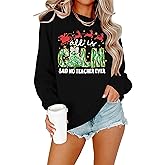 MOUSYA Teacher Christmas Sweatshirts for Women Christmas Tree Bow Pullover Top Crewneck Xmas Holiday Long Sleeve Shirt
