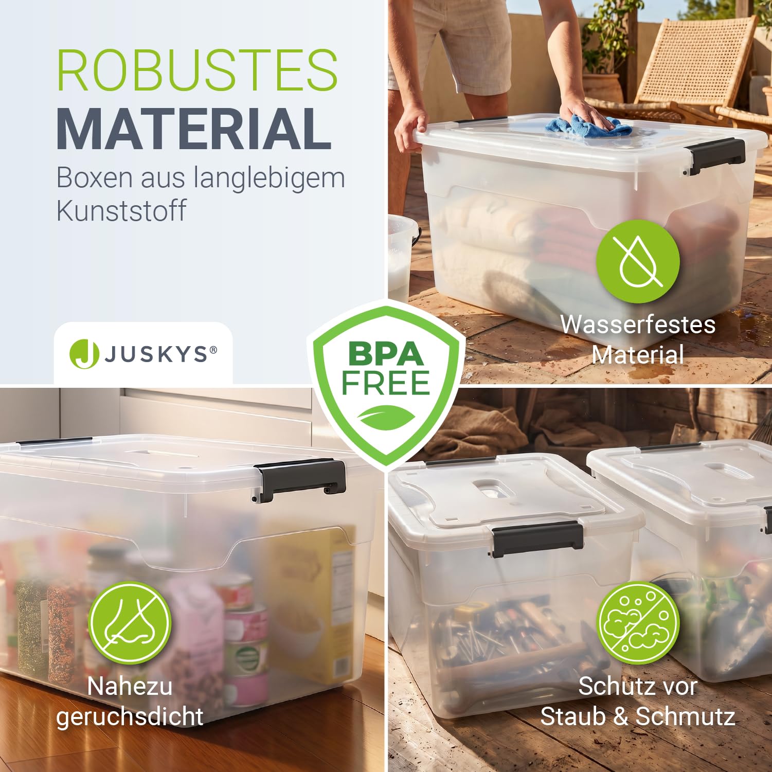 Juskys Aufbewahrungsbox mit Deckel - 4er Set Kunststoff Boxen 45l - Box groß, stapelbar, transparent - Aufbewahrung Ordnungssystem Aufbewahrungsboxen 4