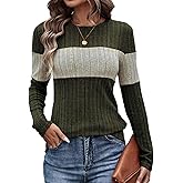 SherryDC Women Long Sleeve Tunic Shirts Lightweight Thin Sweater Color Block Ribbed Casual Crewneck Fall Top
