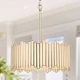 KSANA Gold Drum Chandelier, Modern Drum Pendant Light Fixture with Cream Glass Shade for Dining & Living Room, Bedroom, Foyer