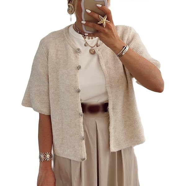 Women's Knitted Short Sleeve Cardigan Sweater Button Down Top