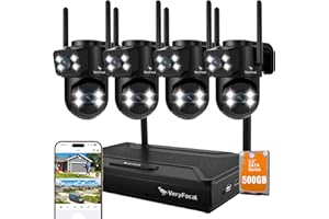 VeryFocal Dual Lens Wireless Security Camera System, 4-Set 2-in-1 PTZ WiFi Cameras for Home Security, CCTV Outdoor Surveillance Kit, 24/7 Continous Record, 10CH 8MP NVR, 500GB HDD