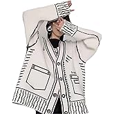 Shebote Women Print Graffiti Unique Cardigan Sweater Y2k Fake Pocket Long Sleeve Button Up Open Front Knit Sweaters Coat