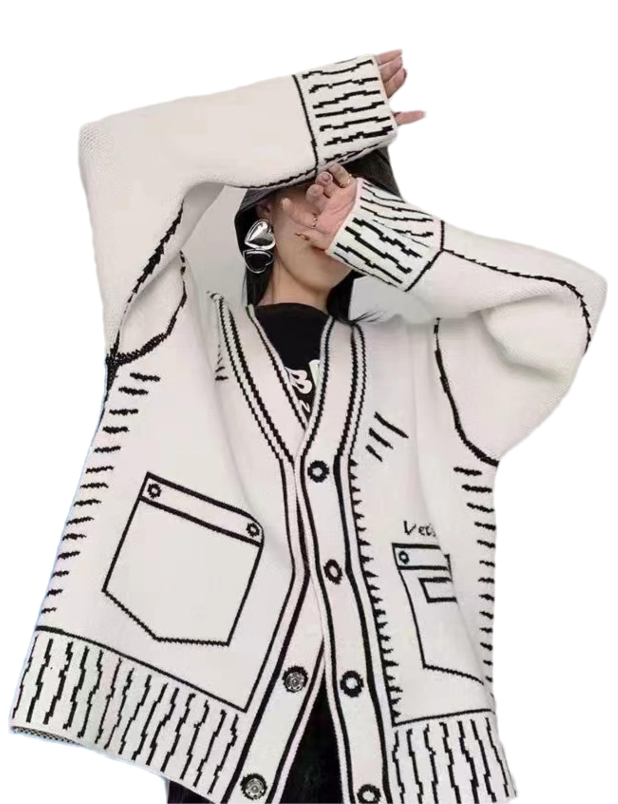 Photo 1 of Shebote Women Print Graffiti Unique Cardigan Sweater Y2k Fake Pocket Long Sleeve Button Up Open Front Knit Sweaters Coat(0360-White-M)