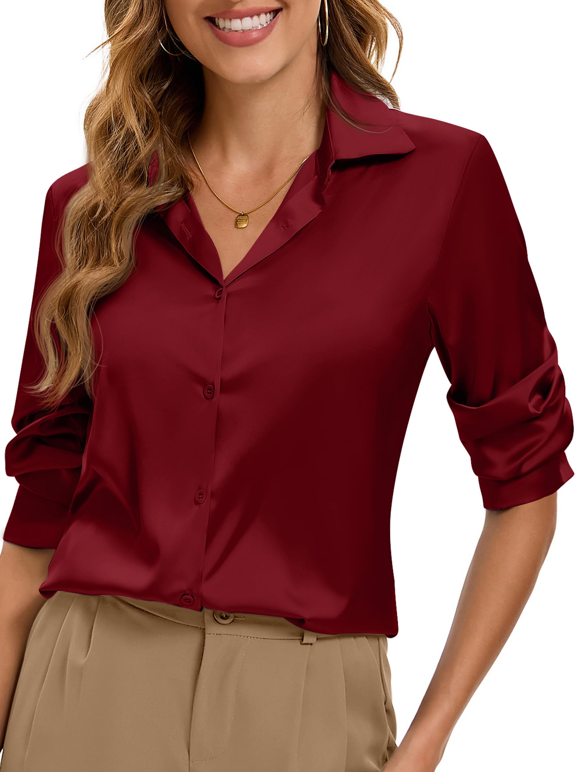 Photo 1 of Womens Satin Button Down Shirt Slim-Fit Long Sleeve V Neck Collar Blouse Oversized Shirts Tops Up Women Blouses Dressy Fashion Silk Top Slim Fit Work Formal Office Casual Business Summer Wine Red XL
