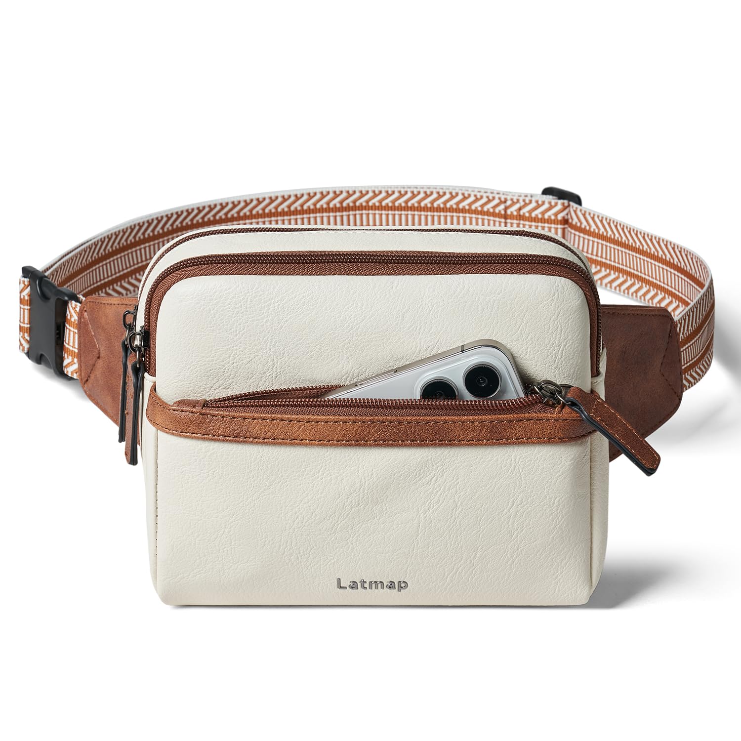 LATMAP 3L Fanny Pack Bumbags for Women Men 4-Zipper Pockets Belt Bag Sling Waist Pack Faux Leather Chest Bag Beige