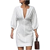 Milumia Women's Notch V Neck Bishop Sleeve Linen Shirt Dress Cinched Waist A-Line Short Dresses Old Money