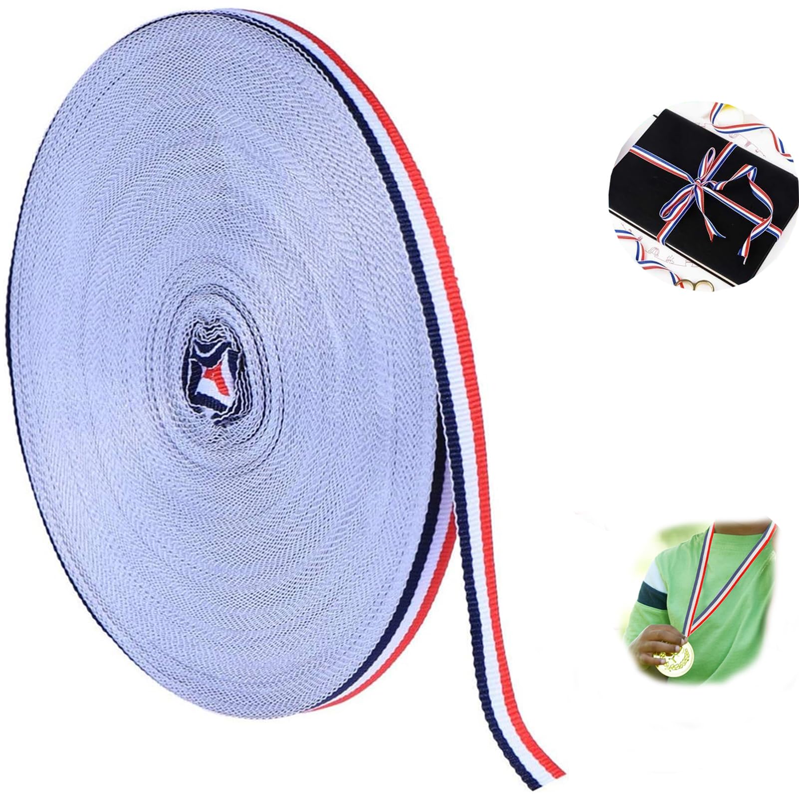 50M Red White Blue Striped Grosgrain Ribbon, Tricolour Decorative Nylon Ribbon Spool, Stripe Fabric Red-White-Blue Stripes Grosgrain Ribbons for Accessory Making Gift Wrapping Celebrations 50M*1CM