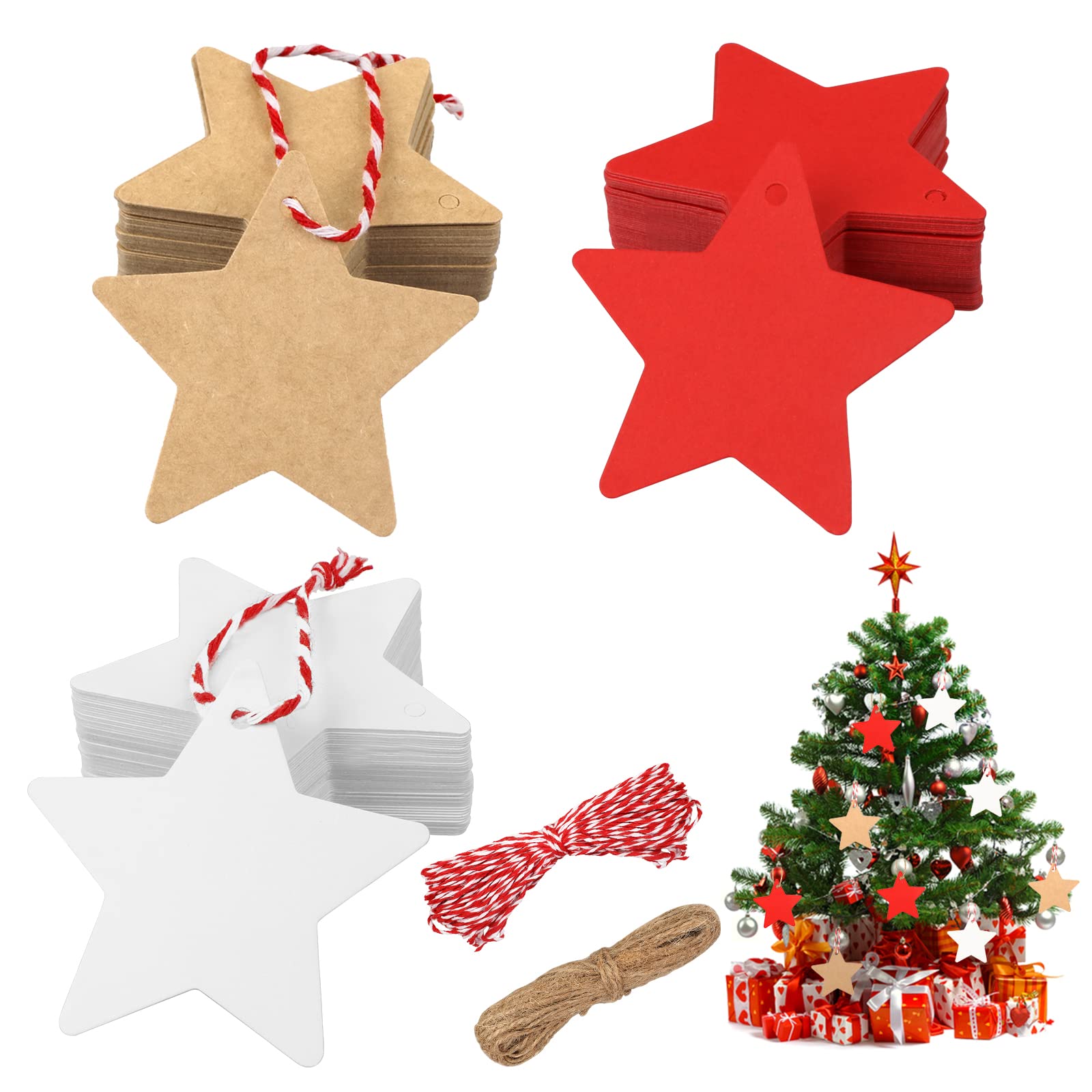 Gift Tags for Presents Christmas, 150 Pcs Kraft Paper Tags, Star Card Gift Tag, Christmas Labels with String, Price Tag for Craft Xmas Presents DIY Crafts