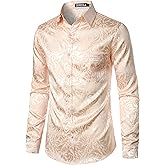ZEROYAA Men's Hipster Jacquard Long Sleeve Satin Silk Like Button Up Dress Shirts for Party Prom